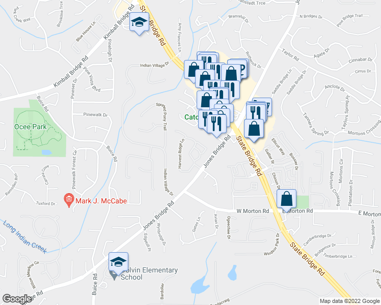 map of restaurants, bars, coffee shops, grocery stores, and more near Harvest Ridge Lane in Johns Creek