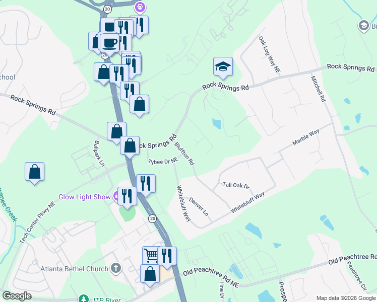 map of restaurants, bars, coffee shops, grocery stores, and more near 1366 Upshur Place Northeast in Buford