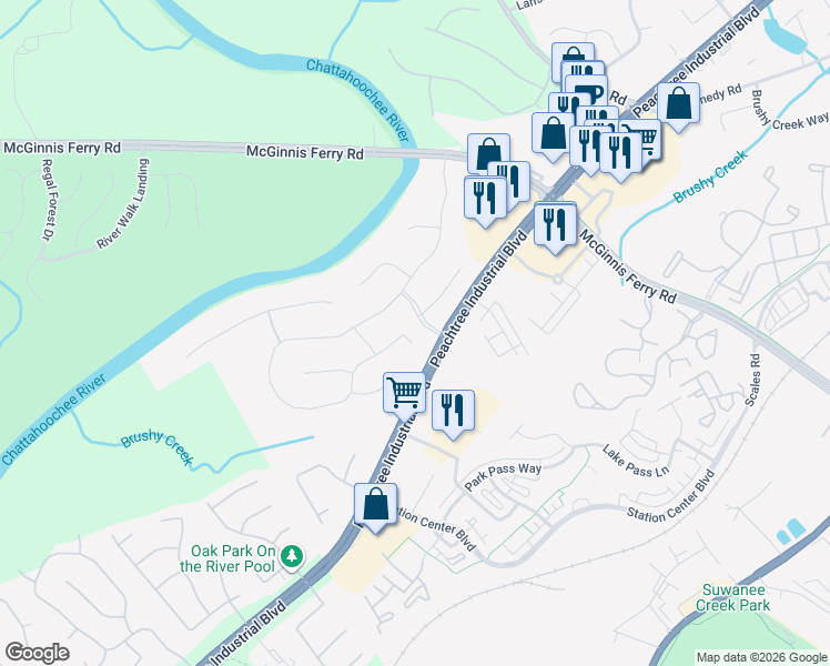 map of restaurants, bars, coffee shops, grocery stores, and more near 1745 Chattahoochee Run Drive in Suwanee