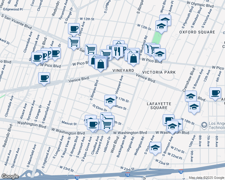 map of restaurants, bars, coffee shops, grocery stores, and more near 4616 Saint Charles Place in Los Angeles