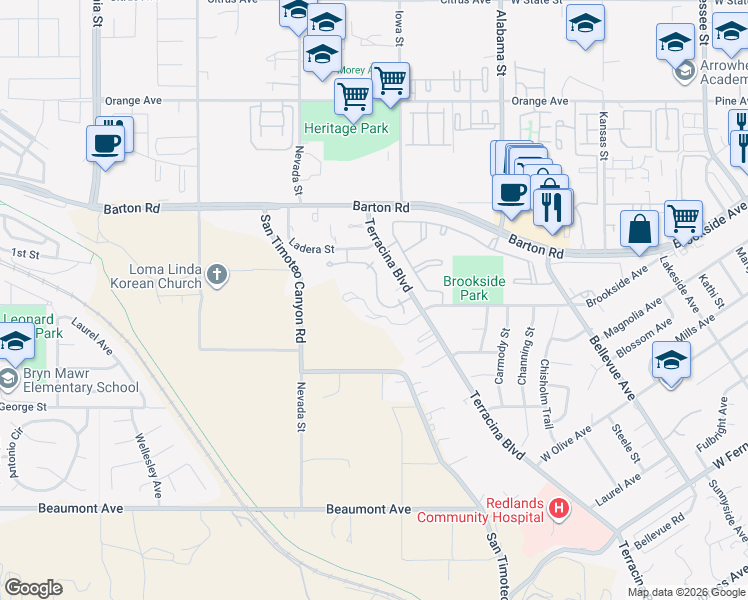 map of restaurants, bars, coffee shops, grocery stores, and more near 1723 Morning Dove Lane in Redlands