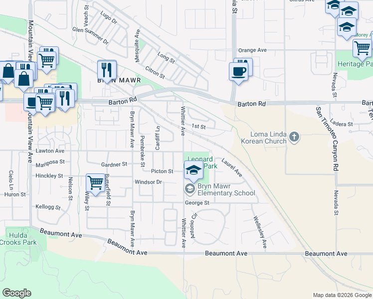 map of restaurants, bars, coffee shops, grocery stores, and more near 11495 Whittier Avenue in Loma Linda