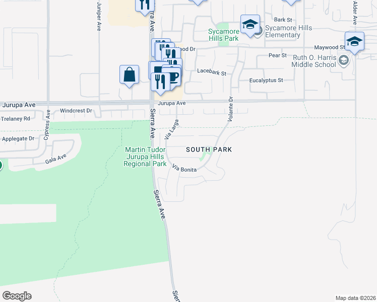 map of restaurants, bars, coffee shops, grocery stores, and more near 17074 La Vesu Road in Fontana