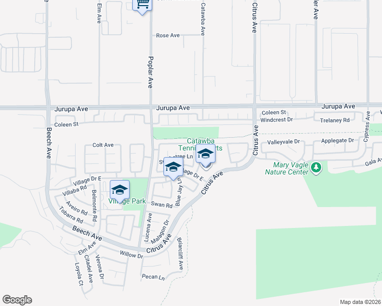 map of restaurants, bars, coffee shops, grocery stores, and more near 11424 Plane Tree Road in Fontana
