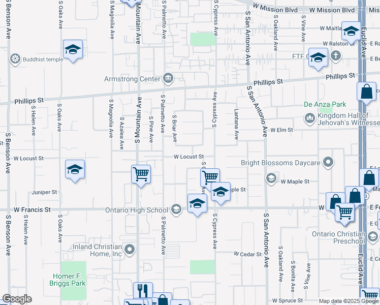 map of restaurants, bars, coffee shops, grocery stores, and more near 914 West Jacaranda Street in Ontario