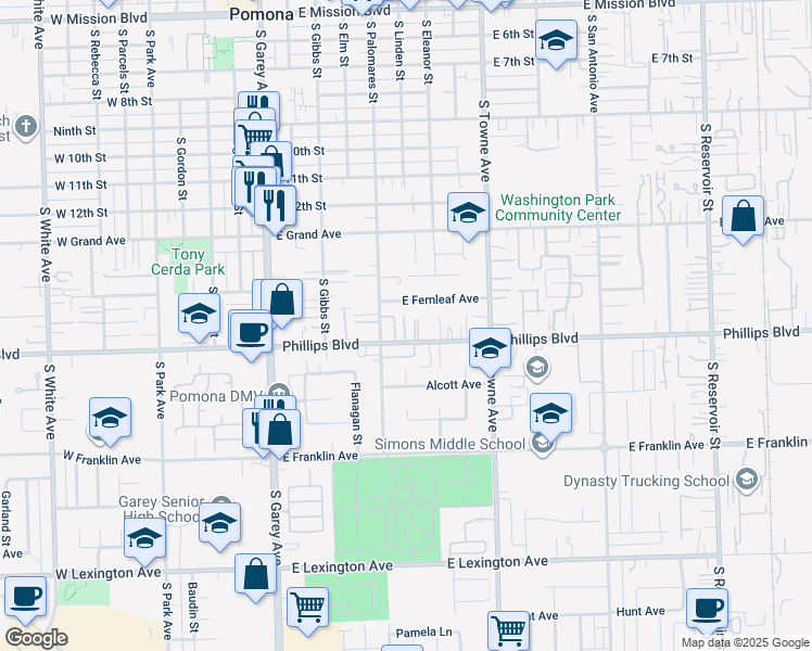 map of restaurants, bars, coffee shops, grocery stores, and more near 624 East Fernleaf Avenue in Pomona