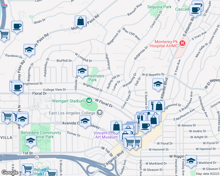 map of restaurants, bars, coffee shops, grocery stores, and more near 1561 Rolling Hill Drive in Monterey Park