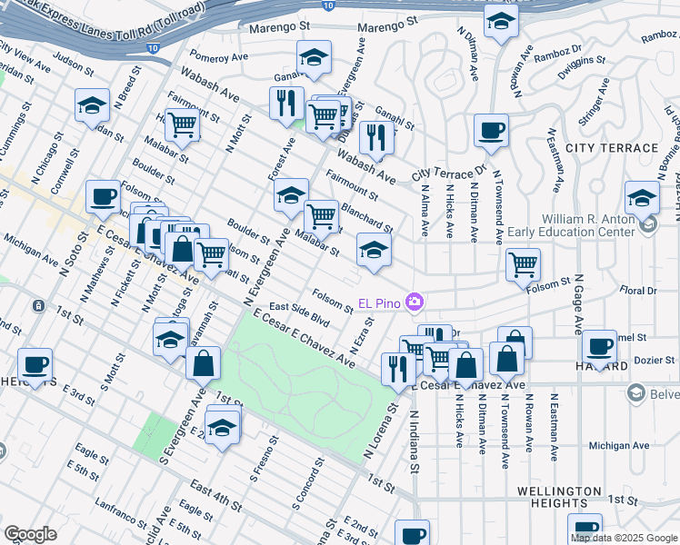 map of restaurants, bars, coffee shops, grocery stores, and more near 3151 Malabar Street in Los Angeles