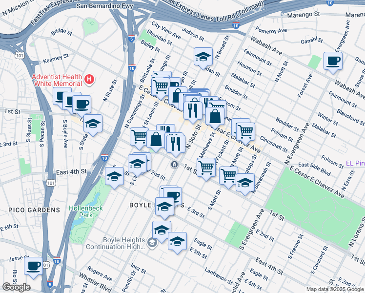 map of restaurants, bars, coffee shops, grocery stores, and more near 215 North Soto Street in Los Angeles