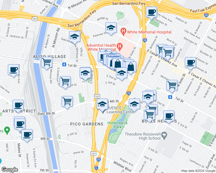 map of restaurants, bars, coffee shops, grocery stores, and more near 1809 East 3rd Street in Los Angeles