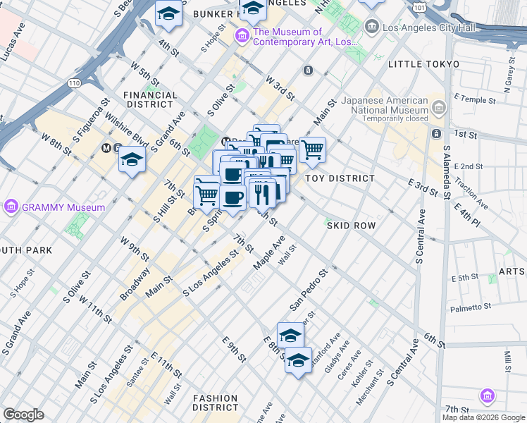 map of restaurants, bars, coffee shops, grocery stores, and more near 558 Main Street in Los Angeles