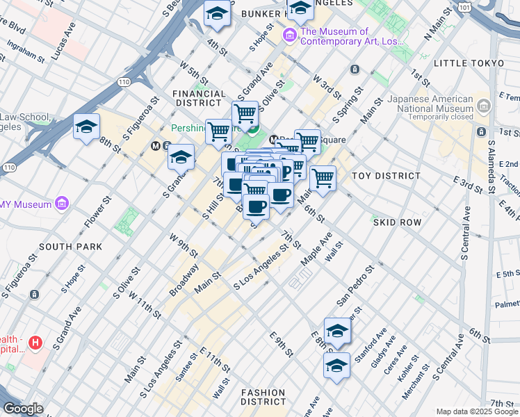 map of restaurants, bars, coffee shops, grocery stores, and more near 640 South Broadway in Los Angeles