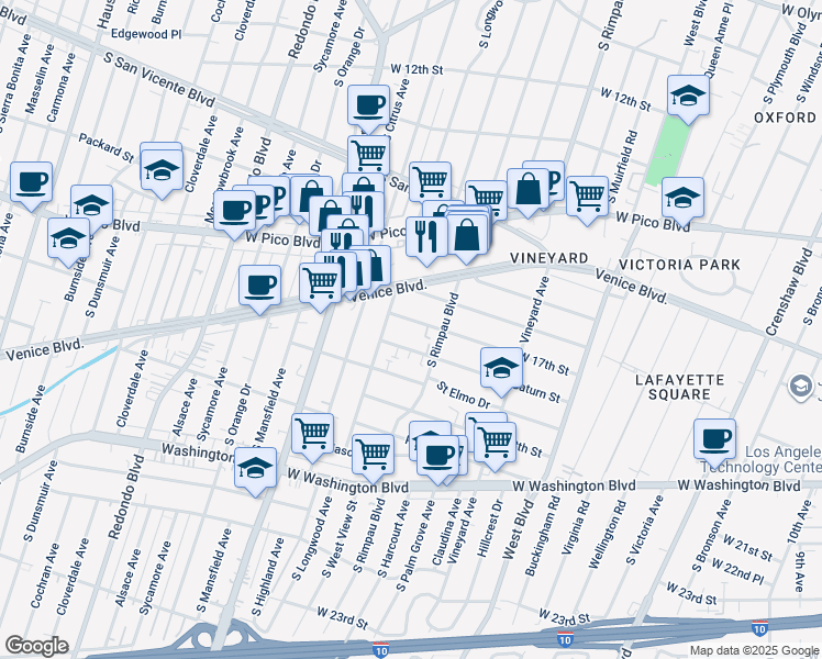 map of restaurants, bars, coffee shops, grocery stores, and more near 4843 West 17th Street in Los Angeles