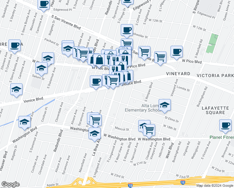 map of restaurants, bars, coffee shops, grocery stores, and more near in Los Angeles