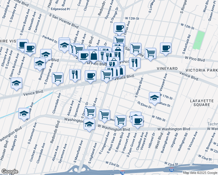 map of restaurants, bars, coffee shops, grocery stores, and more near in Los Angeles