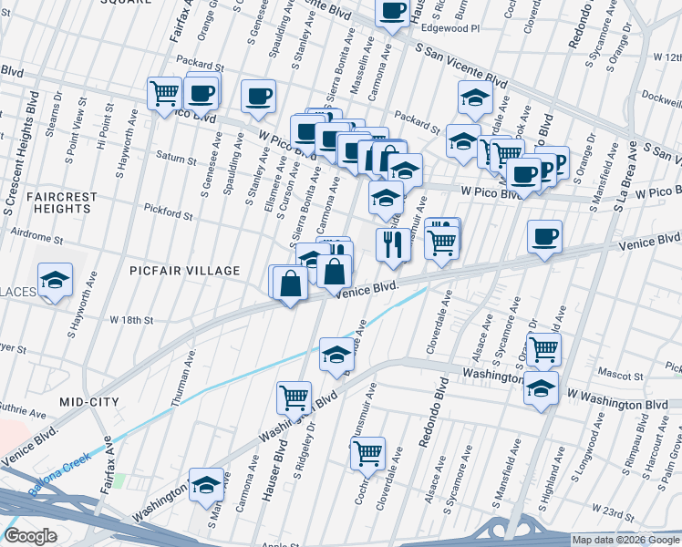 map of restaurants, bars, coffee shops, grocery stores, and more near 1558 Hauser Boulevard in Los Angeles