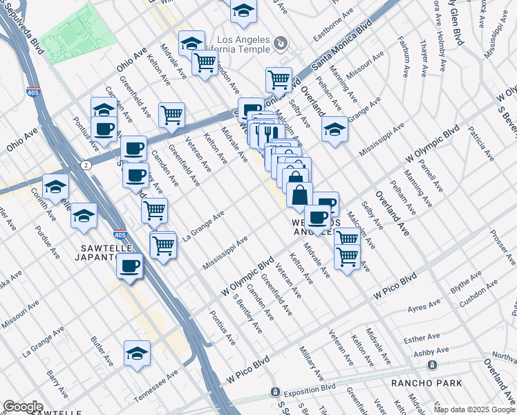map of restaurants, bars, coffee shops, grocery stores, and more near 2006 Kelton Avenue in Los Angeles