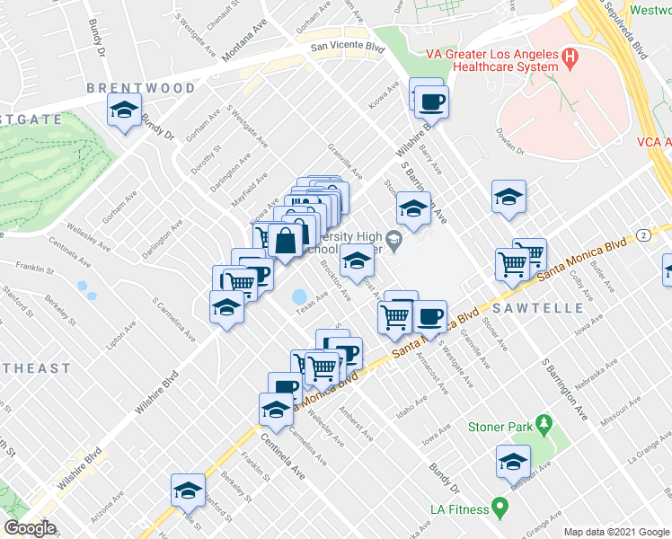 map of restaurants, bars, coffee shops, grocery stores, and more near 1226 Brockton Avenue in Los Angeles