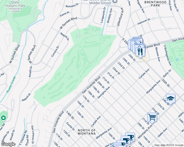 map of restaurants, bars, coffee shops, grocery stores, and more near 2101 La Mesa Drive in Santa Monica