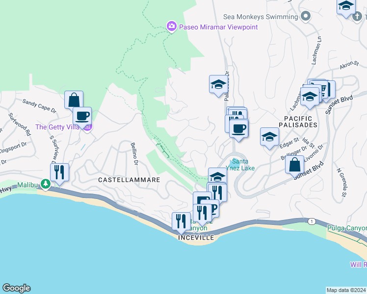 map of restaurants, bars, coffee shops, grocery stores, and more near 467 Paseo Miramar in Los Angeles