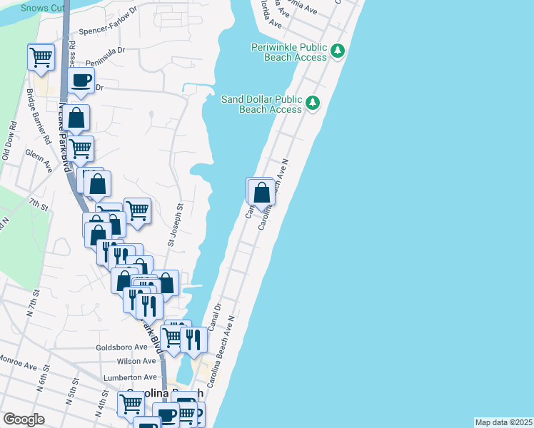 map of restaurants, bars, coffee shops, grocery stores, and more near 913 Carolina Beach Avenue North in Carolina Beach