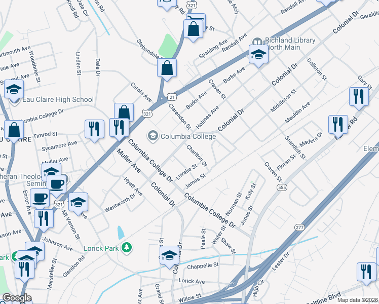 map of restaurants, bars, coffee shops, grocery stores, and more near 4810 Colonial Drive in Columbia