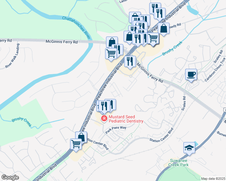 map of restaurants, bars, coffee shops, grocery stores, and more near 1185 Peachtree Industrial Boulevard in Suwanee