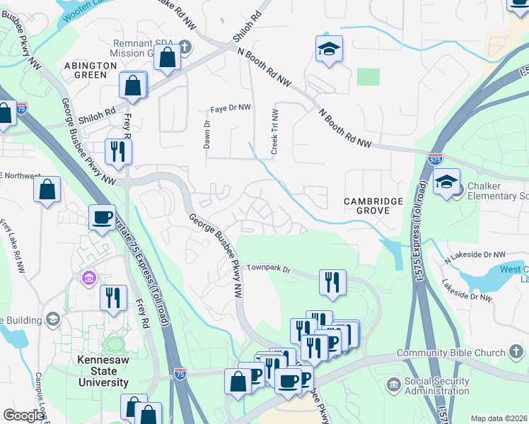 map of restaurants, bars, coffee shops, grocery stores, and more near 3770 George Busbee Parkway Northwest in Kennesaw