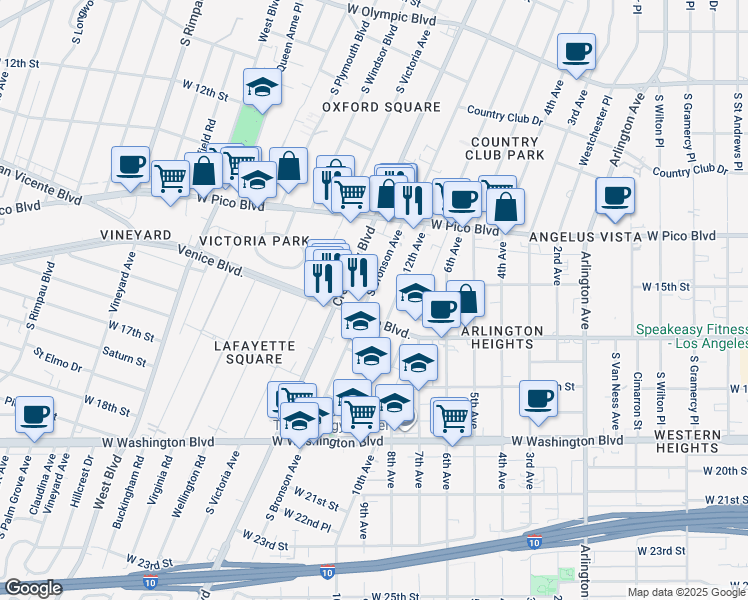 map of restaurants, bars, coffee shops, grocery stores, and more near 1506 Crenshaw Boulevard in Los Angeles