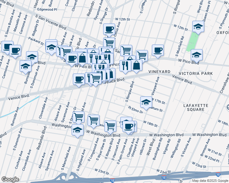 map of restaurants, bars, coffee shops, grocery stores, and more near in Los Angeles