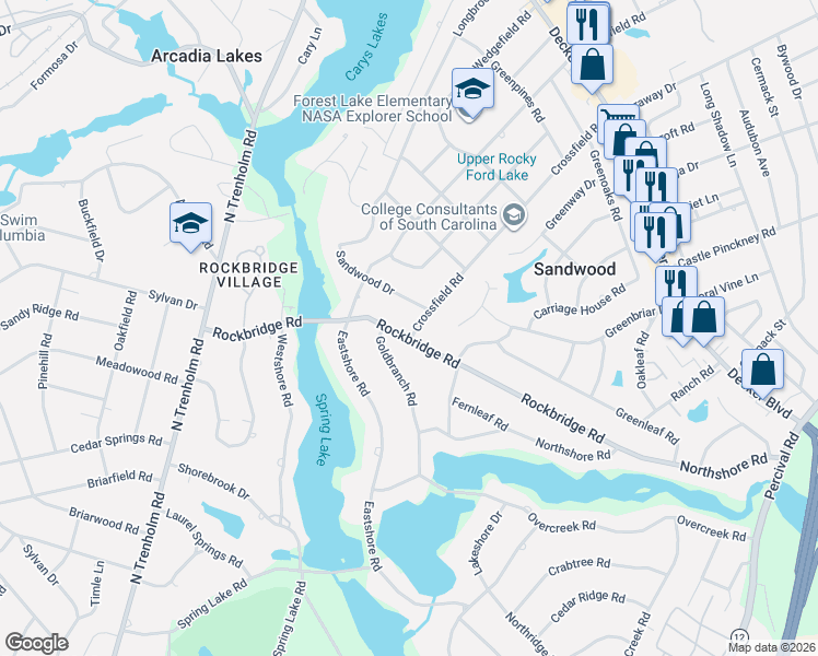 map of restaurants, bars, coffee shops, grocery stores, and more near 4018 Sandwood Drive in Columbia