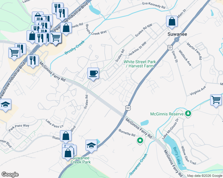 map of restaurants, bars, coffee shops, grocery stores, and more near 952 Cambron Commons Trace in Suwanee