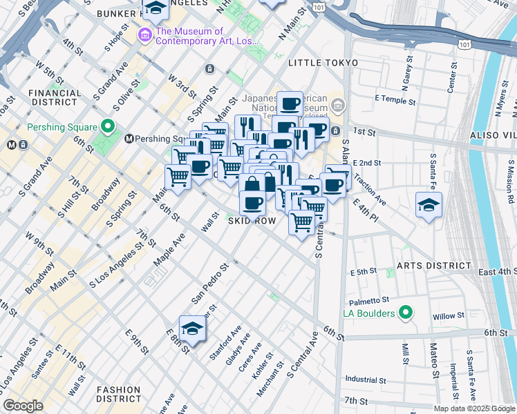 map of restaurants, bars, coffee shops, grocery stores, and more near 434 South San Pedro Street in Los Angeles