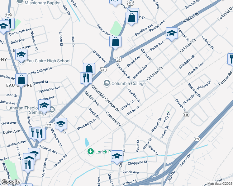 map of restaurants, bars, coffee shops, grocery stores, and more near 1301 Columbia College Drive in Columbia