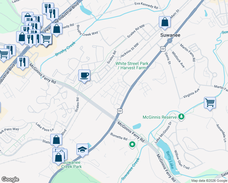 map of restaurants, bars, coffee shops, grocery stores, and more near 876 Farmstead Road in Suwanee