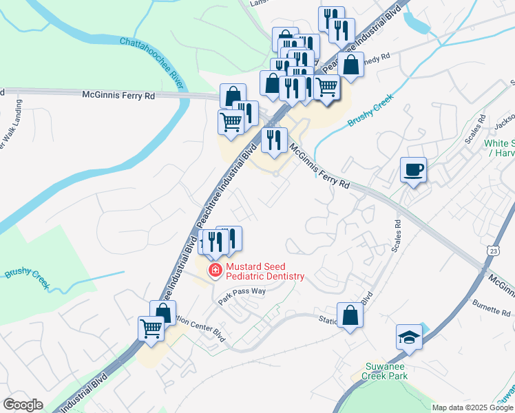 map of restaurants, bars, coffee shops, grocery stores, and more near 1148 Peachtree Industrial Boulevard in Suwanee