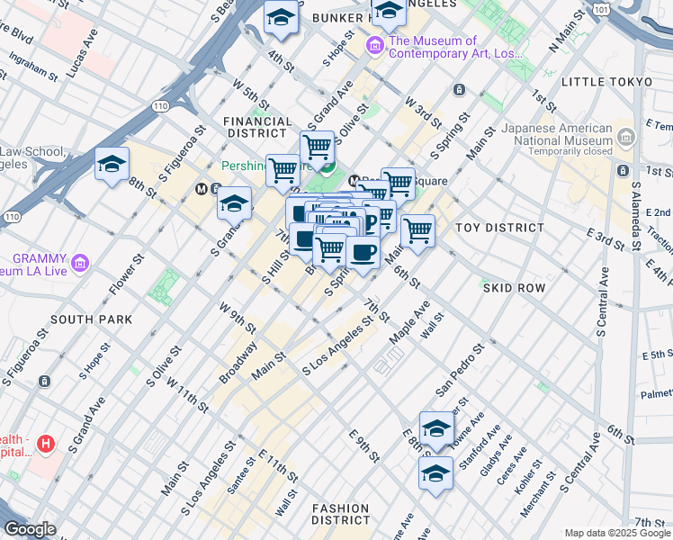 map of restaurants, bars, coffee shops, grocery stores, and more near 215 West 7th Street in Los Angeles
