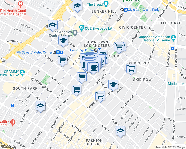 map of restaurants, bars, coffee shops, grocery stores, and more near 640 South Broadway in Los Angeles
