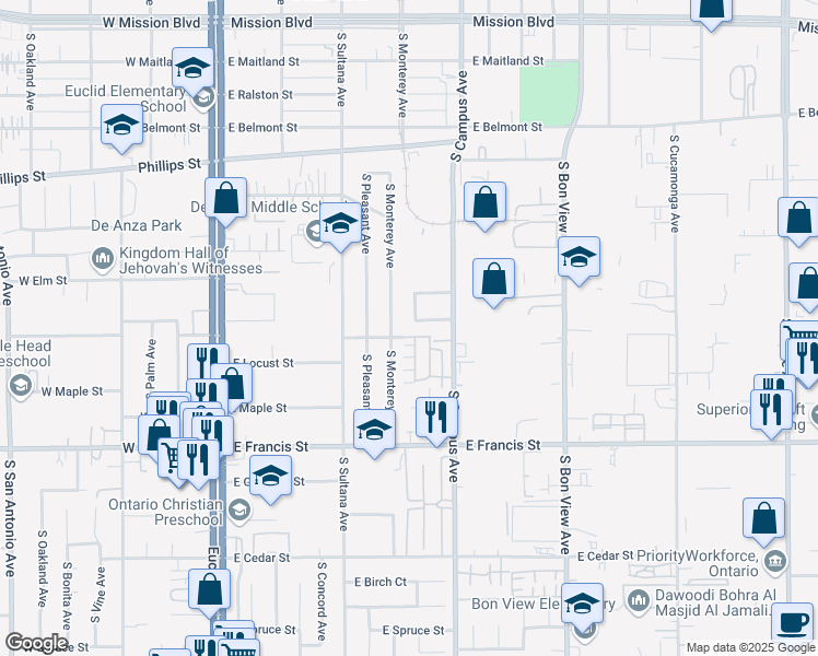map of restaurants, bars, coffee shops, grocery stores, and more near 606 East De Anza Circle in Ontario