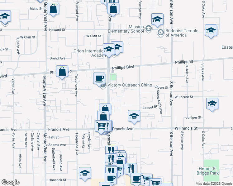 map of restaurants, bars, coffee shops, grocery stores, and more near 11475 Central Avenue in Chino
