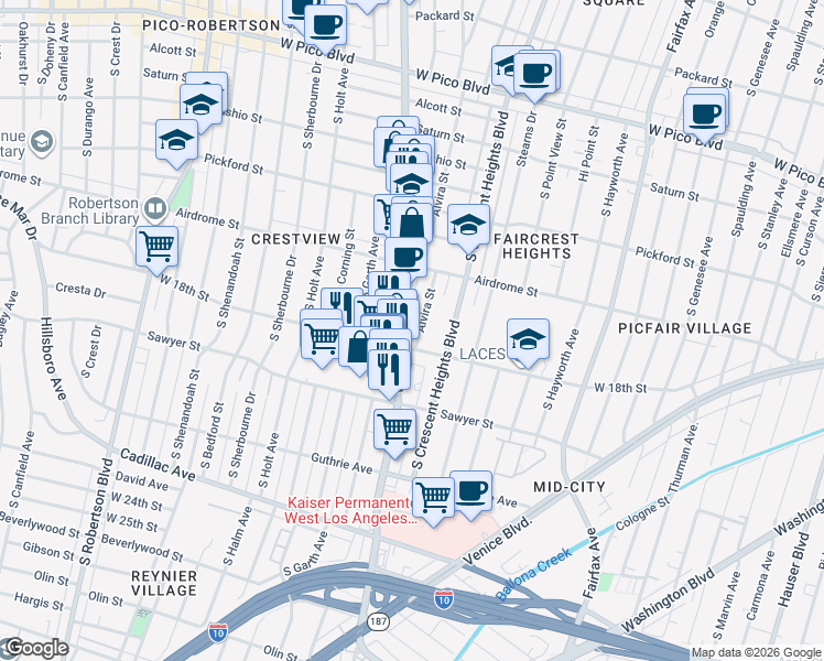 map of restaurants, bars, coffee shops, grocery stores, and more near 1773 Alvira Street in Los Angeles