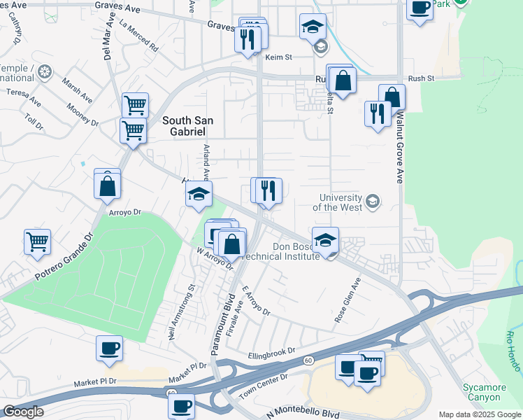 map of restaurants, bars, coffee shops, grocery stores, and more near 1425 San Gabriel Boulevard in Rosemead