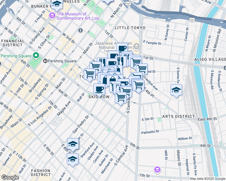 map of restaurants, bars, coffee shops, grocery stores, and more near 332 Omar Street in Los Angeles