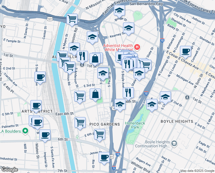 map of restaurants, bars, coffee shops, grocery stores, and more near 309 South Pecan Street in Los Angeles