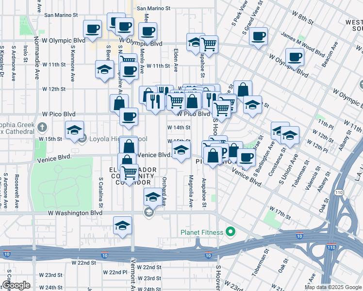 map of restaurants, bars, coffee shops, grocery stores, and more near 2215 West 15th Street in Los Angeles