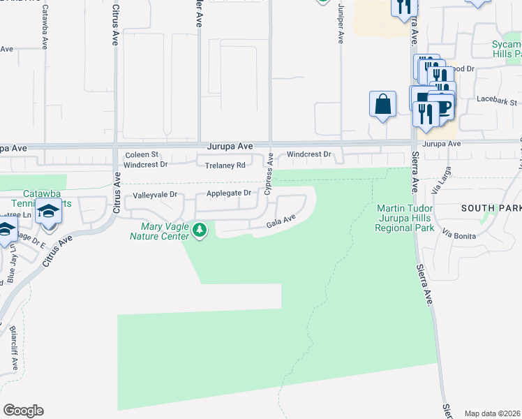 map of restaurants, bars, coffee shops, grocery stores, and more near 16471 Applegate Drive in Fontana