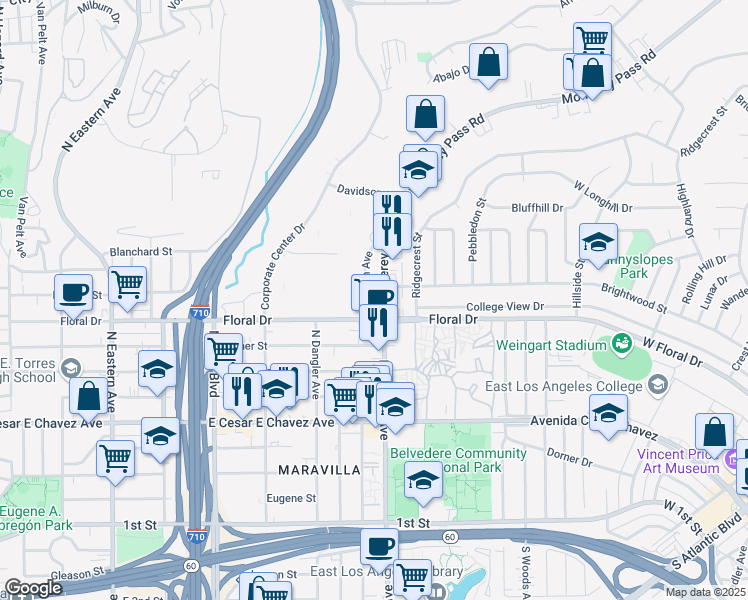 map of restaurants, bars, coffee shops, grocery stores, and more near 1455 Monterey Pass Road in Monterey Park