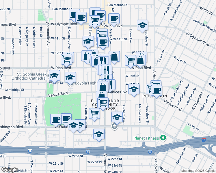 map of restaurants, bars, coffee shops, grocery stores, and more near 1488 South Vermont Avenue in Los Angeles