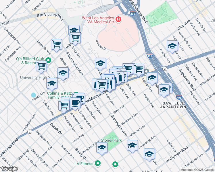 map of restaurants, bars, coffee shops, grocery stores, and more near 1517 Federal Avenue in Los Angeles