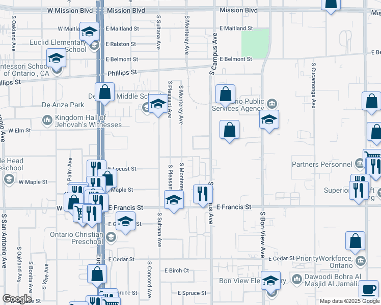 map of restaurants, bars, coffee shops, grocery stores, and more near 606 East De Anza Circle in Ontario